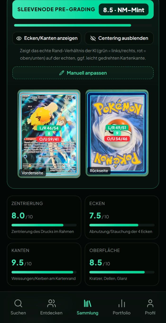 Centering-Ansicht: Pokémon-Karte gerade gerückt mit eingezeichnetem Aussen- und Innenrand und L/R- sowie O/U-Werten