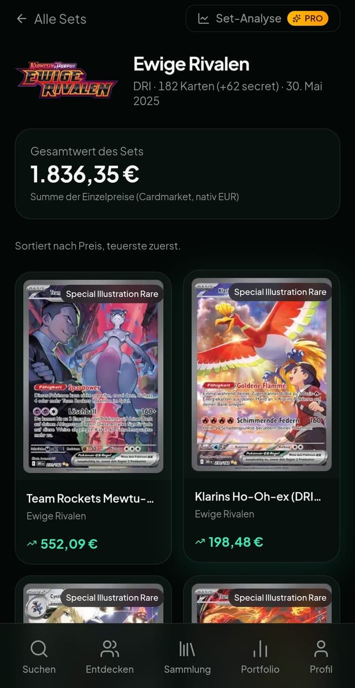 Eine Set-Seite mit Gesamtwert und den teuersten Karten des Sets