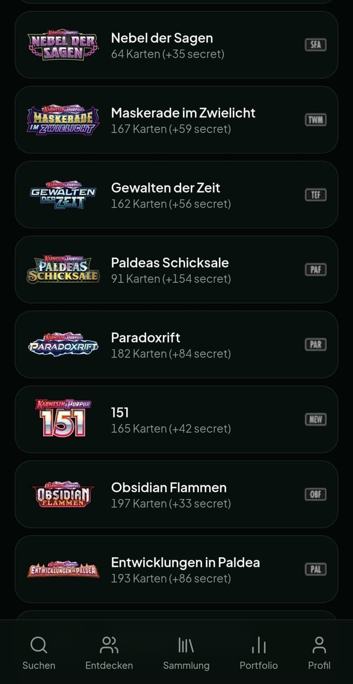 Die Liste aller Sets mit Logo und Kartenzahl