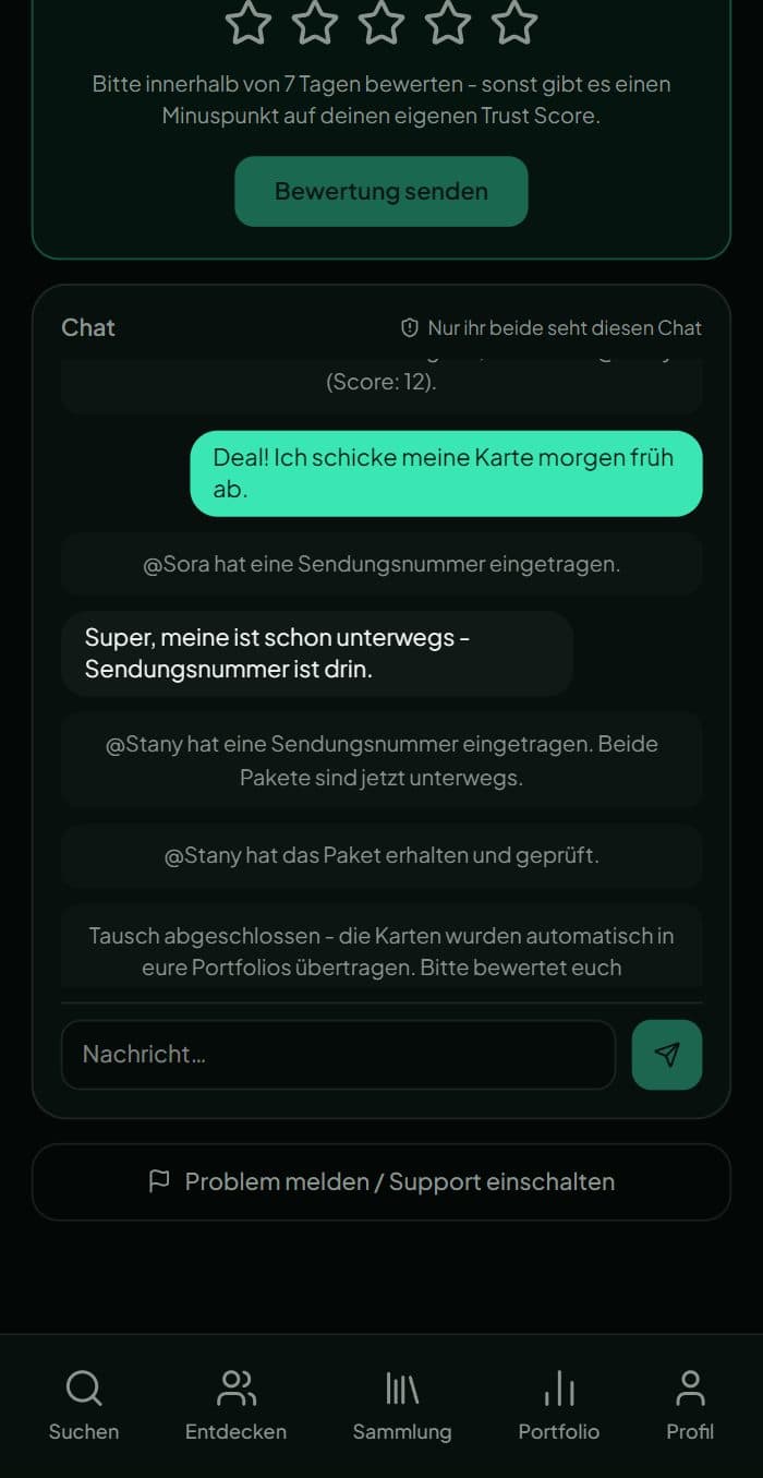 Der Trade-Room mit Chat, Systemnachrichten zu Sendungsnummern und Status des Tauschs